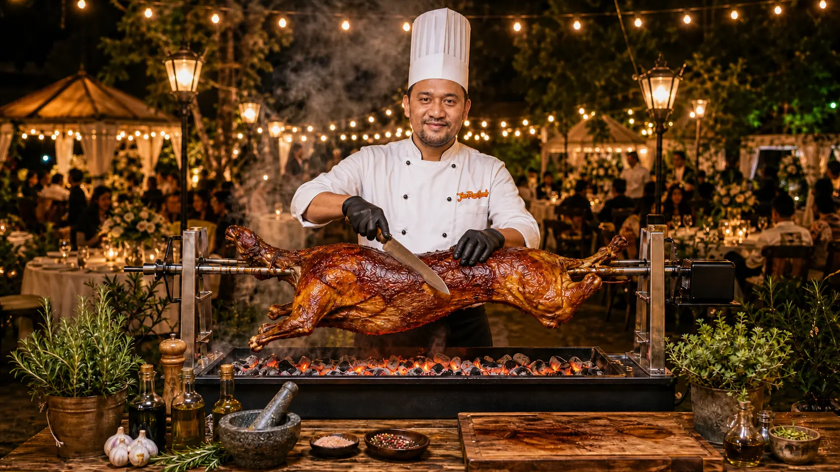 JoeRoastLamb chef presenting a live-roasted whole lamb