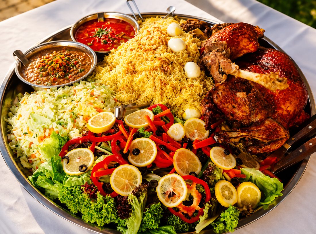 Plated lamb roast served with rice, salad and sauces